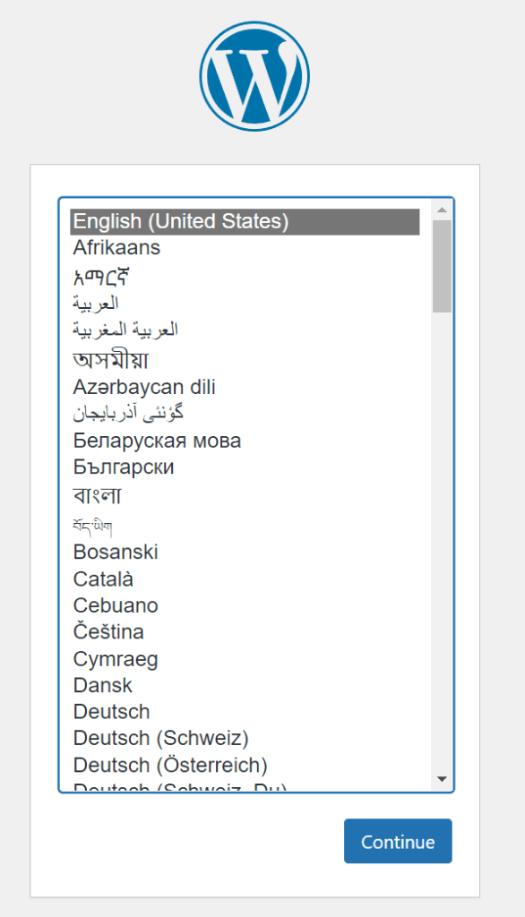 A screenshot of the language selection screen on the Raspberry Pi. This is the first screen that you will encounter when WordPress is served from the Pi for the first time.