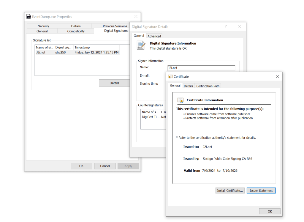 Windows properties windows showing two additional details paines with information on the certificates used to sign an exe.